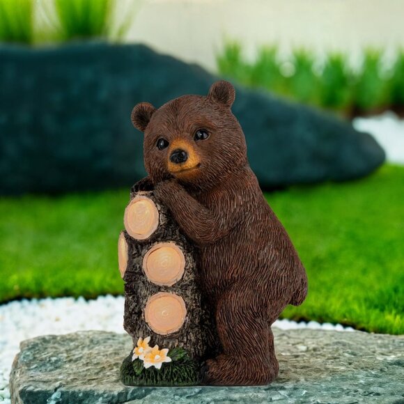 Resin Solar Brown Bear Statue Climbing Tree Trunk with LED Tree Rings for Garden - Picture 4 of 6